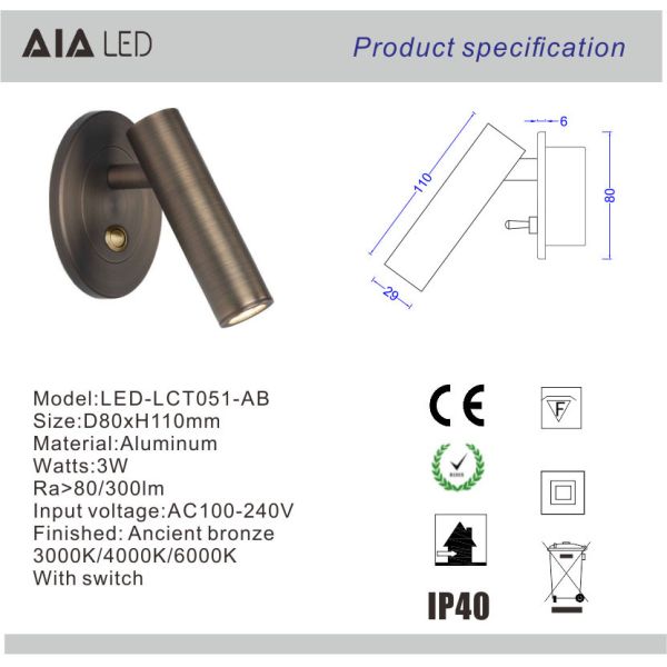 Recessed mounted bed reading wall lamp adjustable 3W led bedside wall light headboard wall light