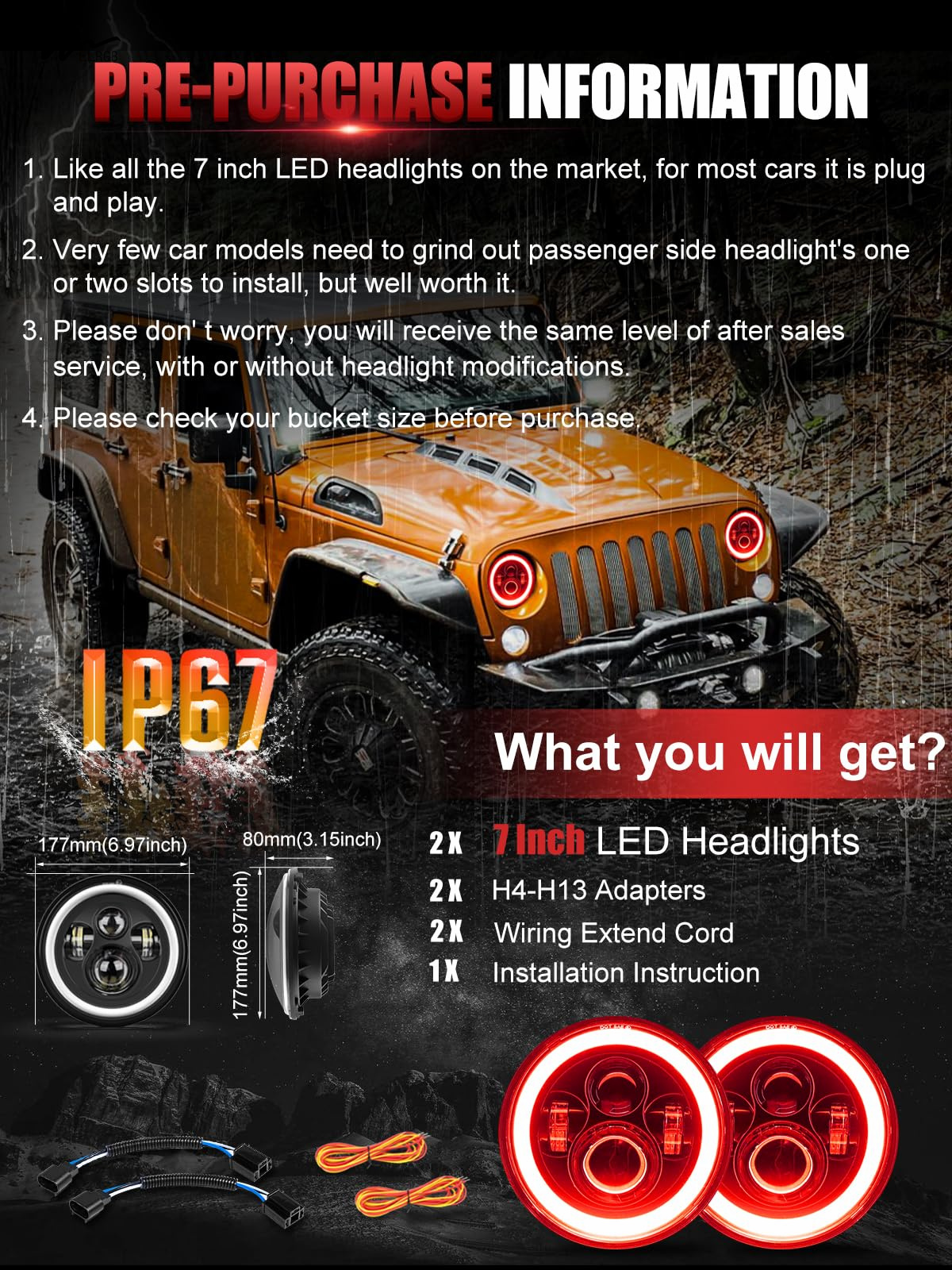 7 inch LED Headlight DOT Round Headlight with Amber Turn Signal and Hell Red Halo