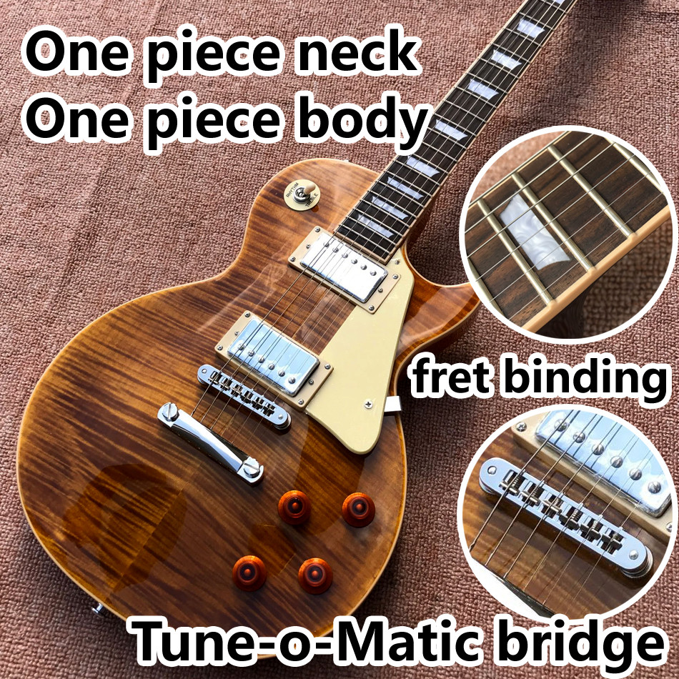 One piece of body & neck LP electric guitar Yellow tiger top adjusting the adjacent Matic bridge