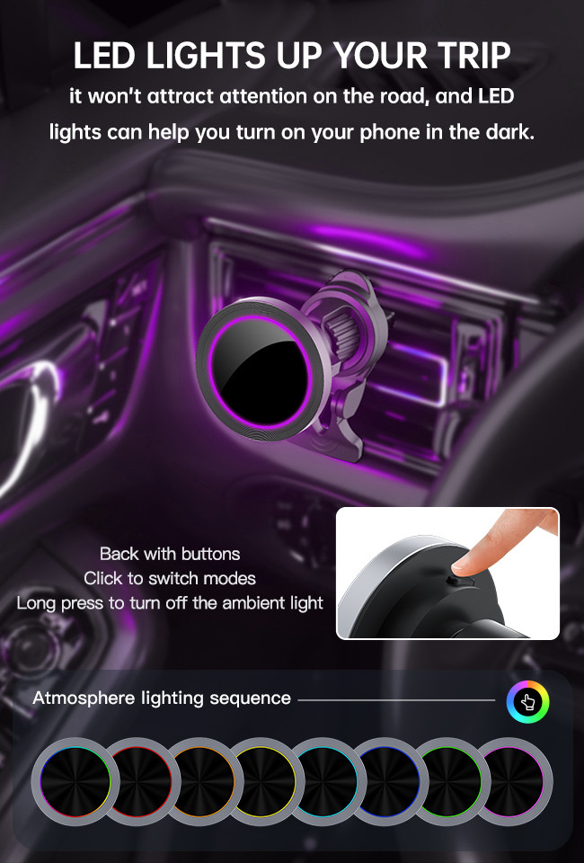 Adjustable RGB Light Effect Wireless Charging Station For Car Phone Holder With One Hand Operation