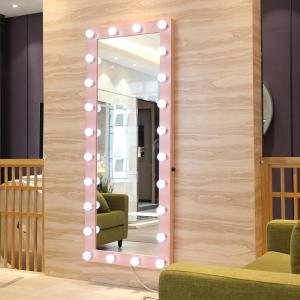 China Single Sided Full Length Hollywood Mirror Pink Metal Framed Full Body Vanity Mirror factory