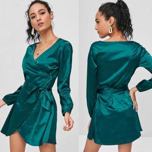 China 2018 Fashion Fall Clothing Women Satin Wrap Dress Long Sleeve Mini factory