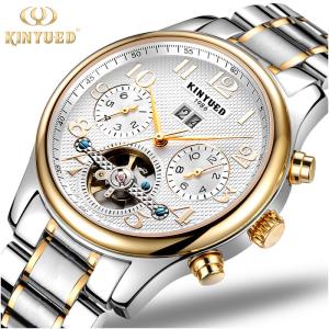 China KINYUED stainless steel automatic mechanical watch for men skeleton water resistant watch factory