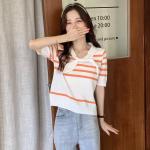 Navy Collar Thin Retro Striped Women Knit Sweater Contrast Color