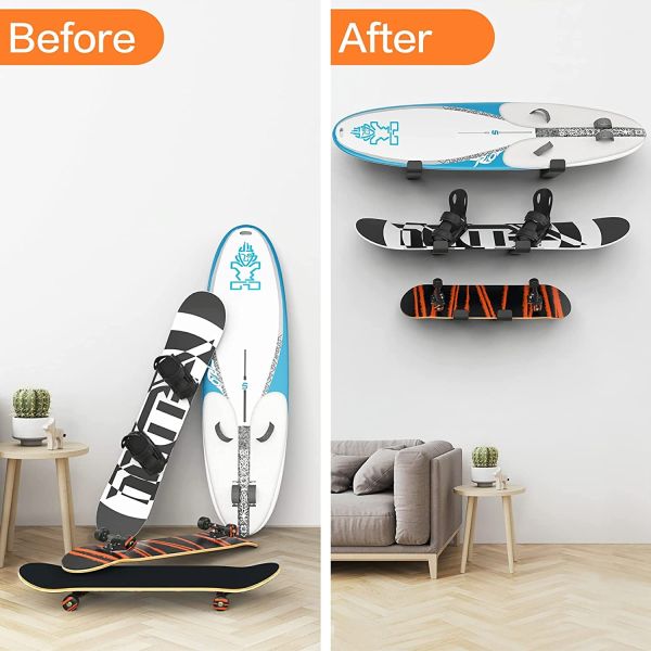 Universal Snowboard and Skateboard Wall Mount Display Racks with Vertical Type Design