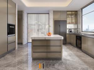 China Full Encompassing Modern Kitchen Cabinet With Mica Brown Finish And Central Square Island factory