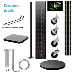 Custom 4-Sided Metal Display Rotating Pegboard Stand Rack with Wheels and Hooks