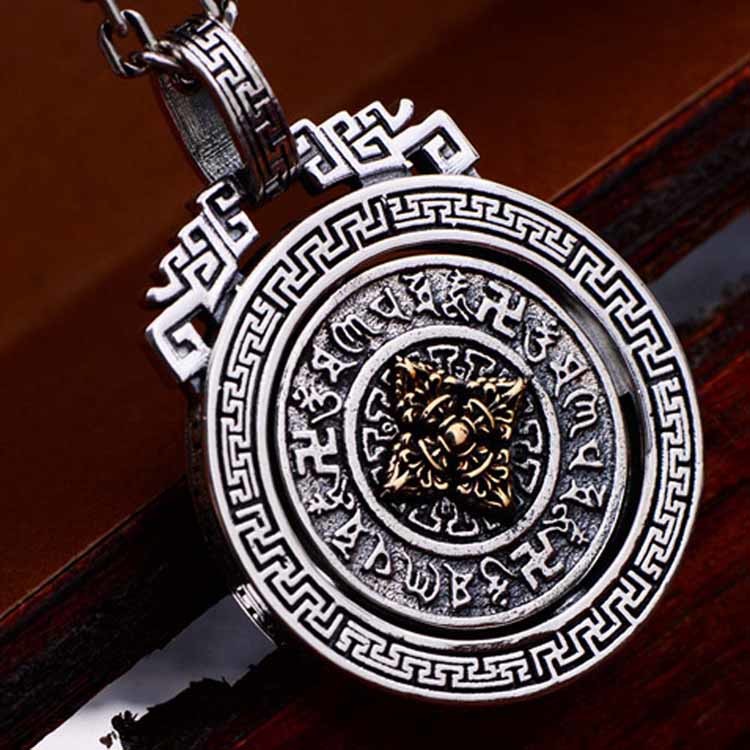 Sterling 925 Silver Vintage Buddhism Blessings Charm Pendant Necklace for Women Men (060396)