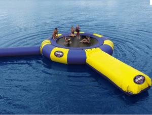 China 0.9mm PVC Tarpaulin Trampoline Blue And Yellow Inflatable Trampoline For Sale factory