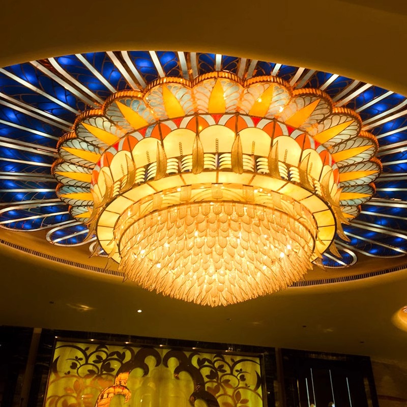 JYLIGHTING custom project luxury crystal glass led chandelier Colored glass feather shape large golden crystal ceiling