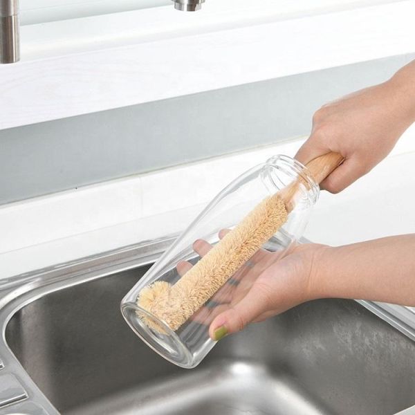 Elbow Design Bamboo Kitchen Brush Long Handle Coconut Glass Bottle Cleaning