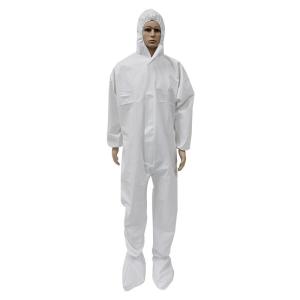 China Non Woven Hooded Disposable Coveralls Pp Pe Laminated Sf White Color With Boot Cover factory