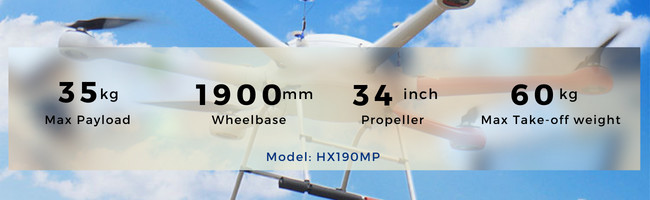 High Endurance 35KG Payload Industrial Inspection Drone 6 Rotor 34in Propeller 1900mm HX160MPelbase