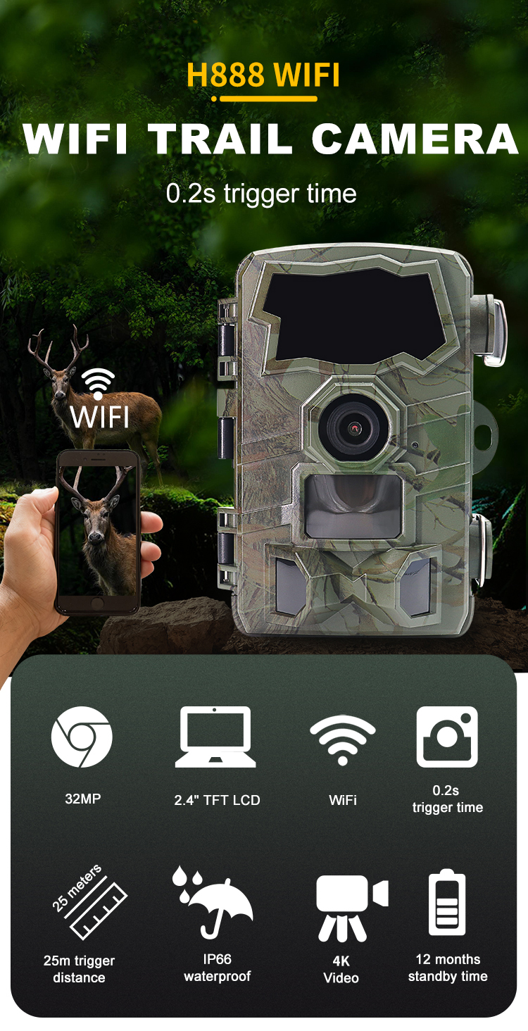 H888-WiFi-BT Hunter Camera 4k WIFI Trail Camera Infrared Surveillance Max 512G Hunting Camera