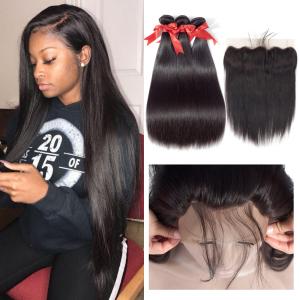 China 8 Inch 100 Peruvian Human Hair Weave Straight Bundles With Lace Frontal 1B factory