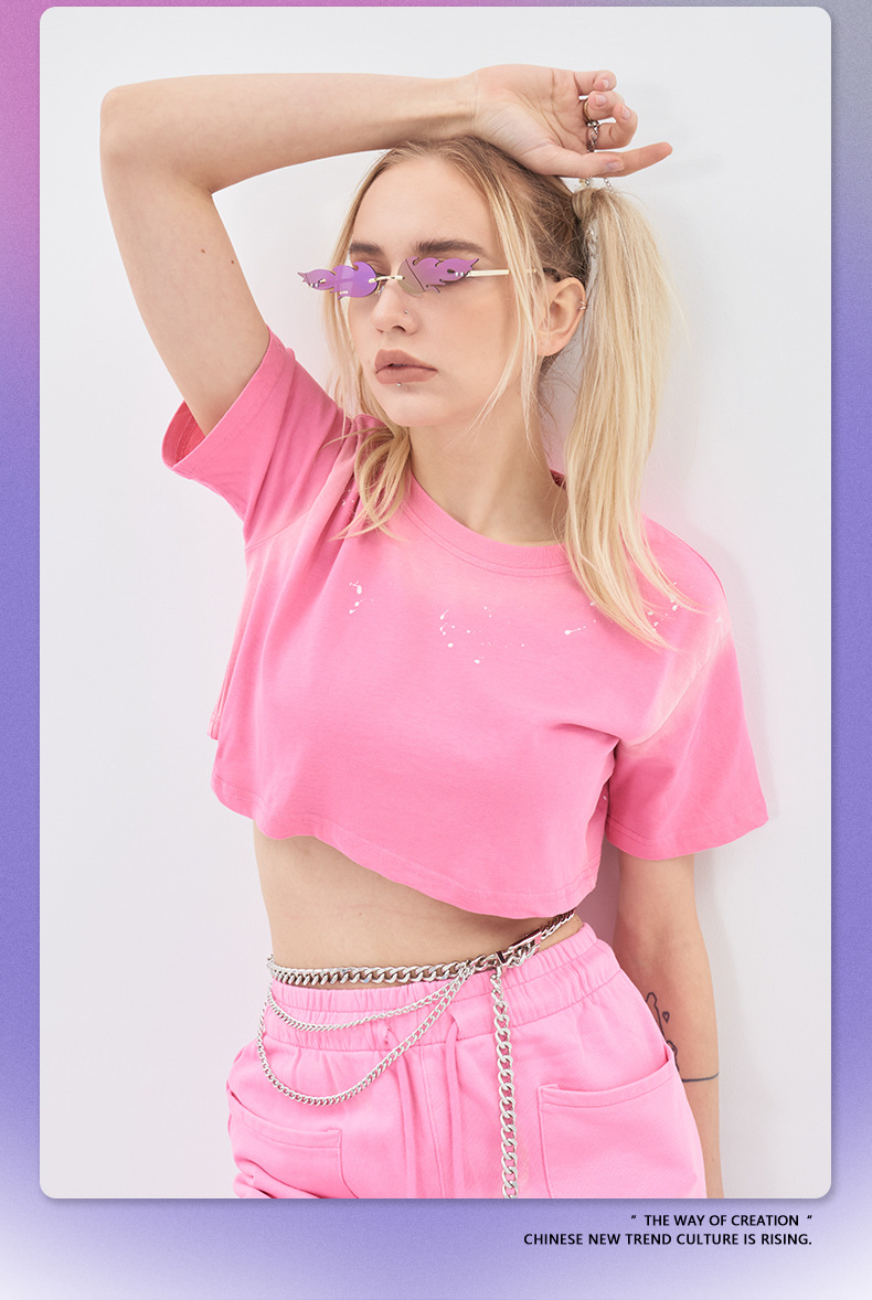 2024 Summer Acid Wash Faded Hot Sexy Crop Top Women T-Shirt with Customized Labels