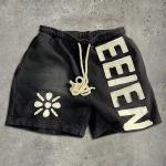 Acid Wash Cotton Shorts Sun Faded French Terry Patch Embroidery Distresses