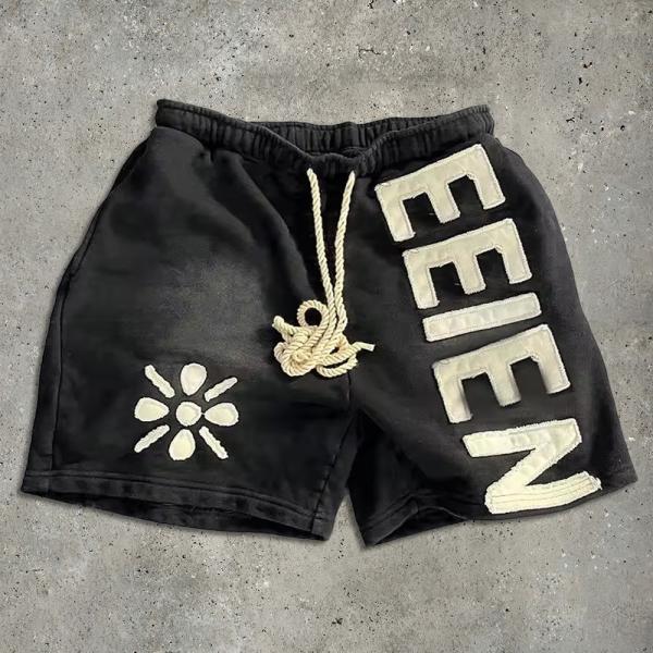 Acid Wash Cotton Shorts Sun Faded French Terry Patch Embroidery Distresses