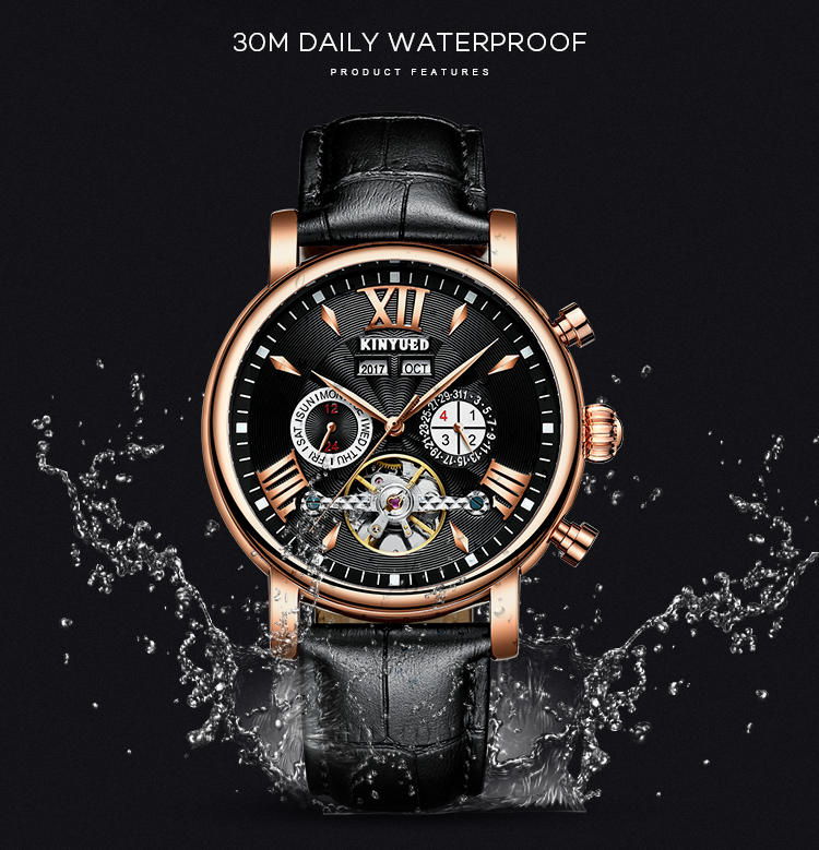 KINYUED J017-2 Silver Case Leather Strap Complete Calendar Skeleton Automatic Mechanical Wristwatches relogio masculin