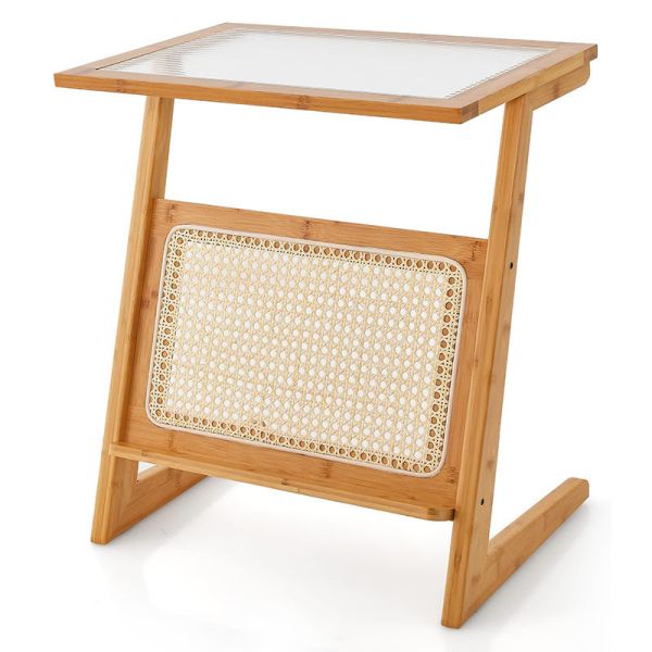 Natural Color Z-Shaped Bamboo And Rattan End Table With Glass Top And Magazine