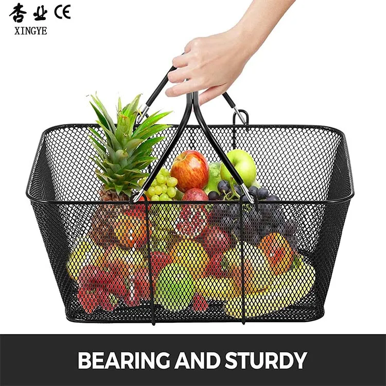 Black Supermarket Shopping Basket Custom Logo Steel Hand Basket