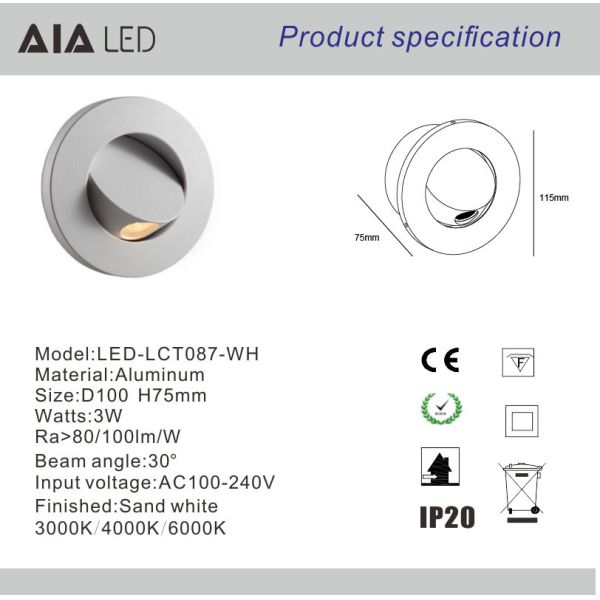 Modern Simple Design Circular Led Wall Light 3W COB Aluminum Recess Mounted Wall Lamp For Home Villa Hotel Sconces Light