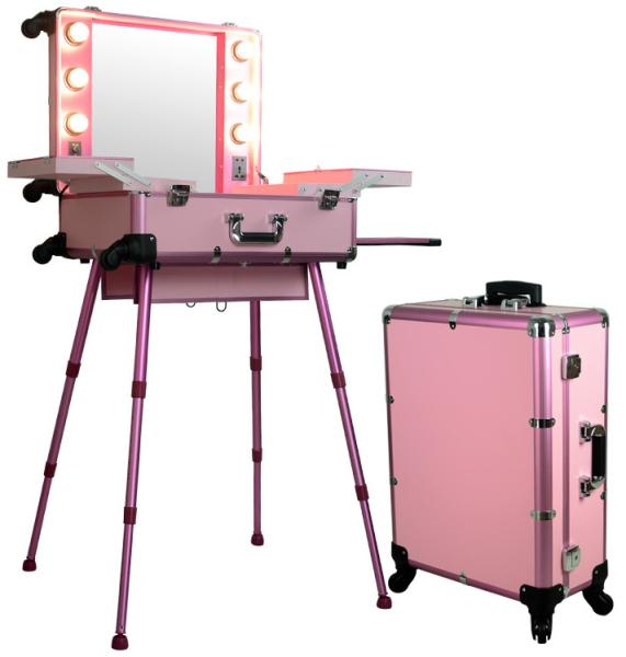 Professional Black/Pink Aluminum Makeup Case With Lights,Easy Carrying Aluminum