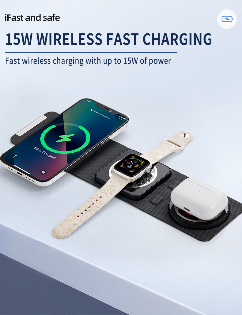 3 In 1 Magnetic Fast Wireless Charger Foldable Portable 15W 10W 7.5W 5W