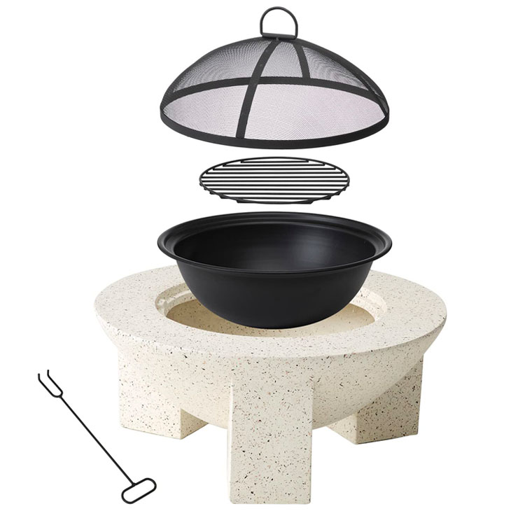 Outdoor Product 3 in 1 Round Wood Burning Firepit Charcoal BBQ Grill Table for Bonfire Party