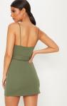 Women Khaki Tux Detail Belted Wrap Bodycon Dress With Spaghetti Strap