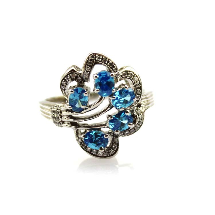 Women Jewelry 925 Silver Pave Blue Topaz Cubic Zirconia Ring (R129)