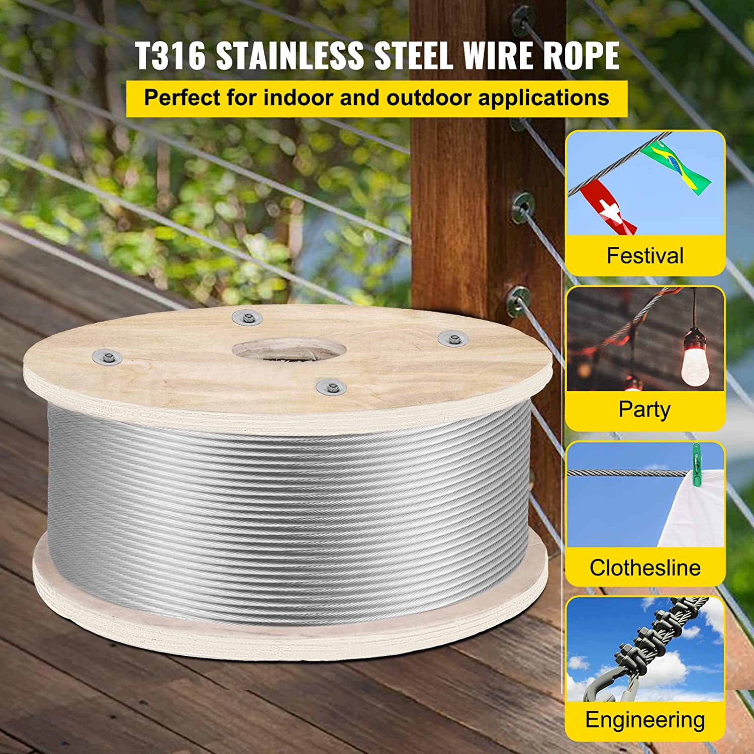 1x19 Steel Wire Cable 3/16" Breaking Strength Suitable for Stair Handrail Hanger Line AiSi Grade Stainless Steel
