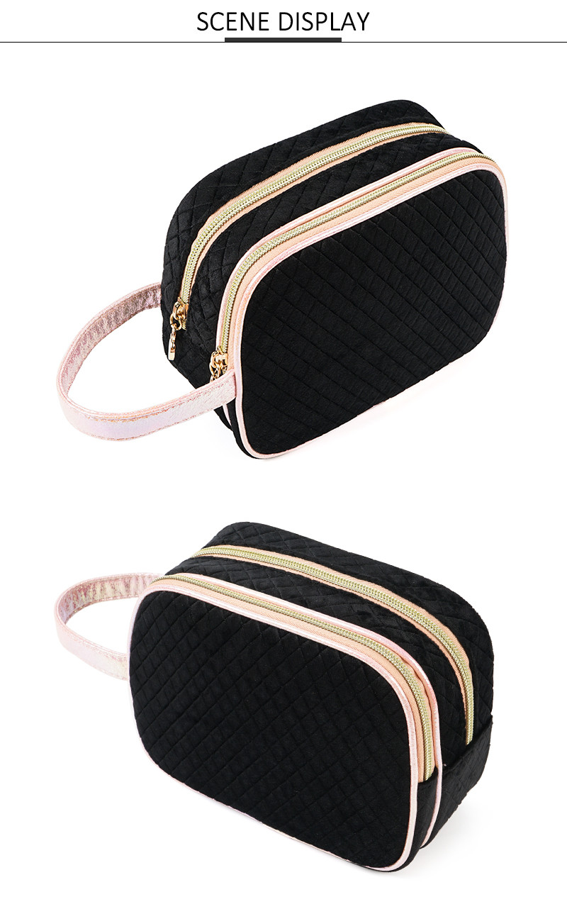 Double Zipper Velvet Cosmetic Makeup Bag With Handle