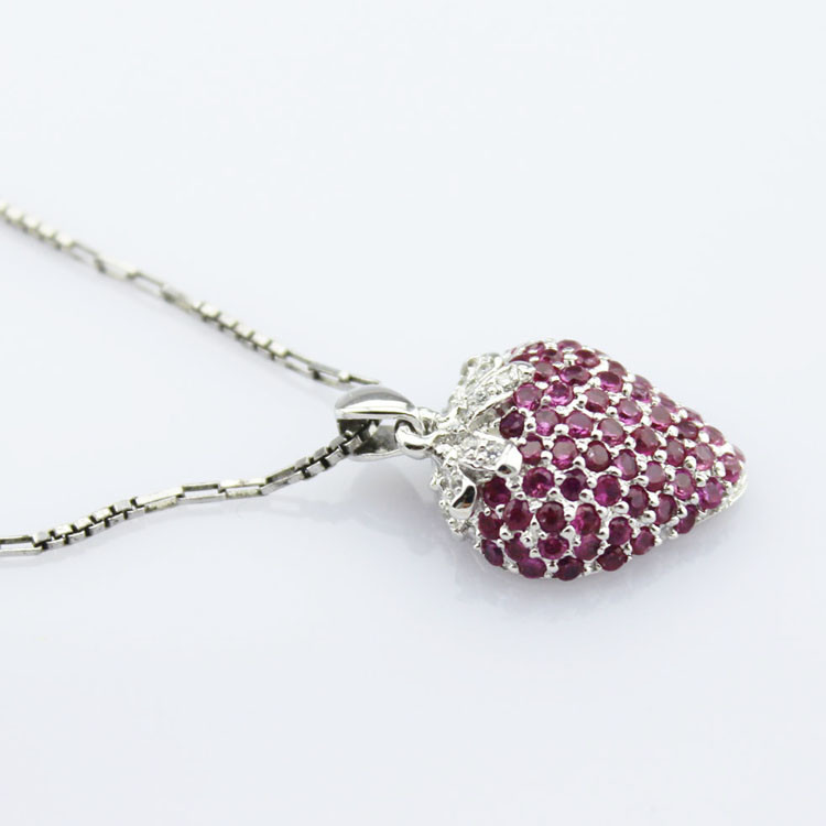 925 Sterling Silver Created Garnet Strawberry Pendant Necklace (P31)