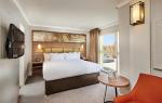 Budget Hotel Bedroom Furniture Leather bed with Leisure chairs and Wood TV Stand