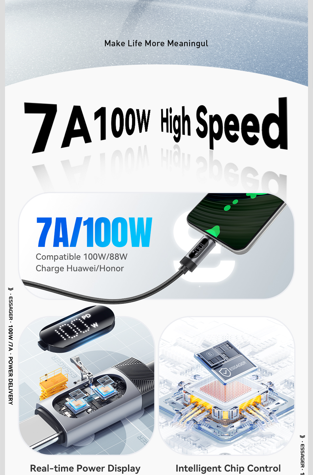 ESSAGER ES-X64 Series 7A LED Display USB Charing Data Cable USB to Type C