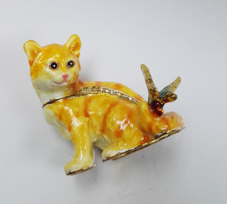 Cat shape trinket box with rhinestone for new jewelry boxes cat enamel cat trinket jewelry box