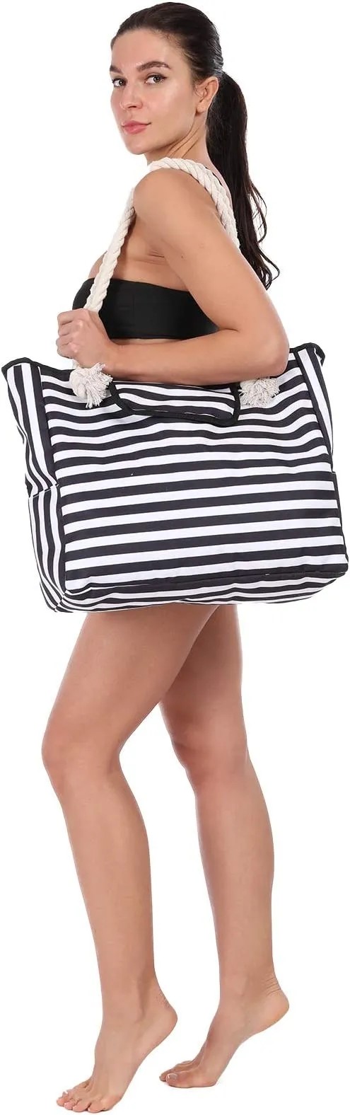 Custom Printed Waterproof Stripe Cotton Canvas Beach Bag With Grommet Rope Handle