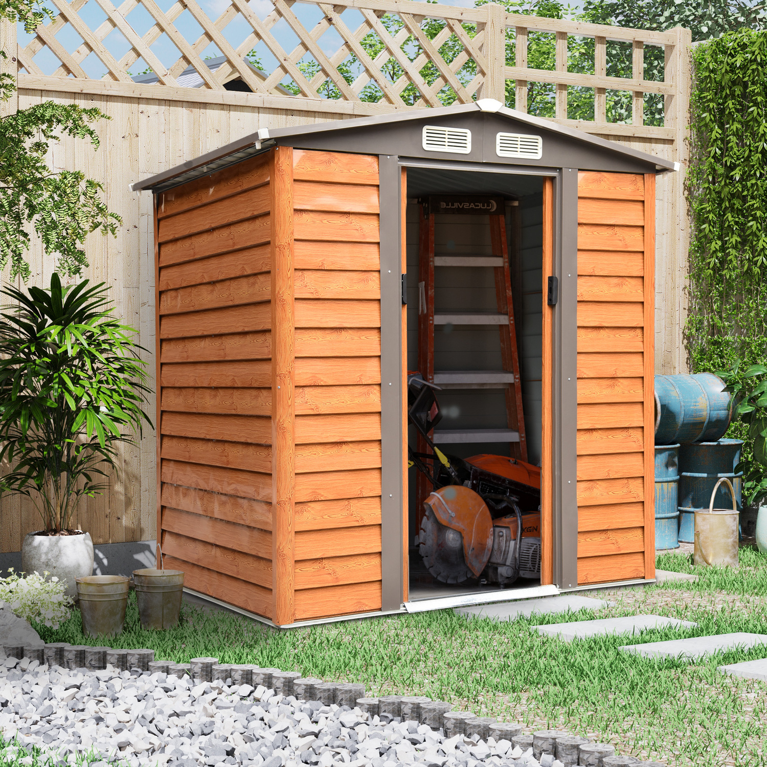 AJUNION Modern Design Metal Storage Shed for Sheds Storage 55.5kg Wood Grain Effect