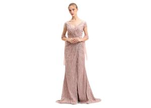 China Beading Stones Split Long Womens Evening Gowns Deep V Neck / Arabic Party Dress factory