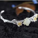 Sterling Silver Natural Jade Culptured Flower Gold Plated Women Bracelet(049924)