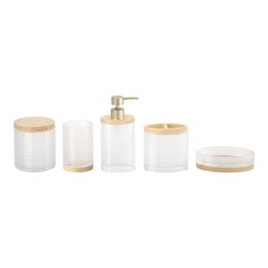 China Clear Modern Glass Bath Accessories Round Shape With Wood Part Hand Soap Bottle Dispenser Soap Dish For Bathroom Toothbrush Tumbler Holder factory