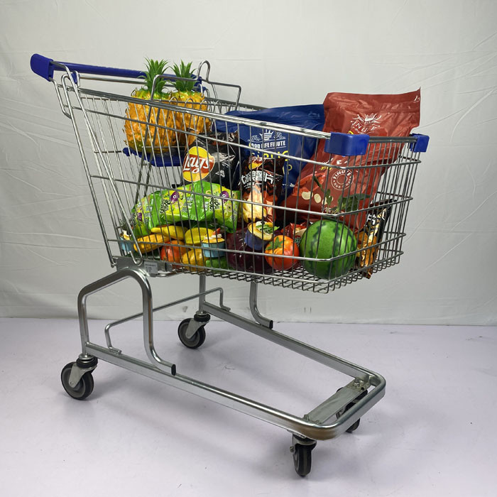 German Style 150L Large Capacity Grocery One-Stop Shopping Supermarket Steel Trolley PU Wheels With Blue Plastic Parts