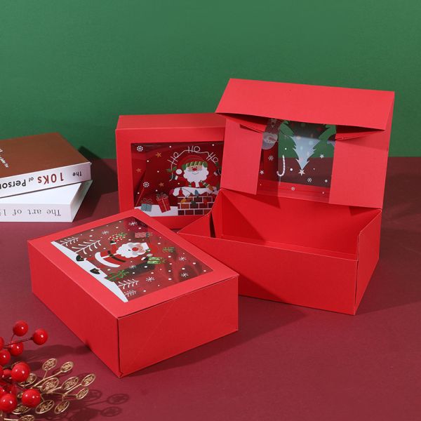 China Transparent Window Christmas Red Gift Boxes - White Cardboard Packaging For Egg Tarts Desserts Candies & Cookies Foldable Holiday Treat Boxes factory
