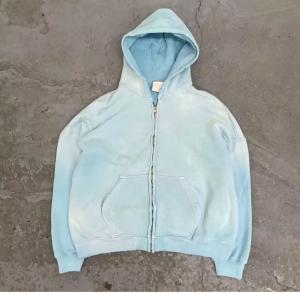 China Custom Acid Wash Hoodie Zip Up Men Boxy 400gms 500gsm Heavyweight Sun Faded Distressed Aged Baby Blue factory