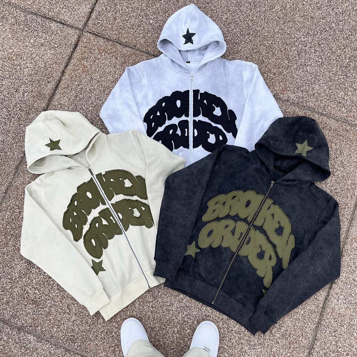 Vintage Distressed Patch Applique Embroidery Hoodie Set with Customizable Color Options