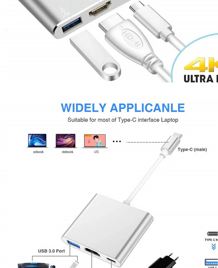3 in 1 PD Charging 4K 1080P USB Type C OTG Docking Station Hub Adapter