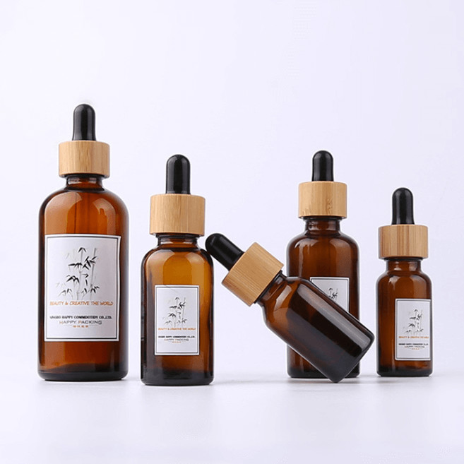 0.34oz 10ml Amber Glass Essential Oil Dropper Bottle With Eye Dropper Bamboo Cosmetic Bottles