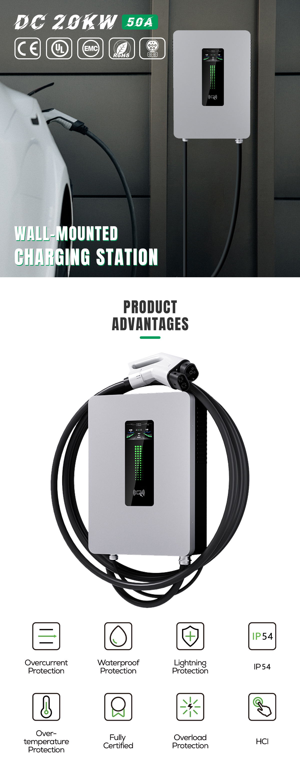 230V Input Voltage E-mingze Wall-mounted 20KW DC Fast CCS2 EV Charger Station with Swipe Card and Bluetooth Connection