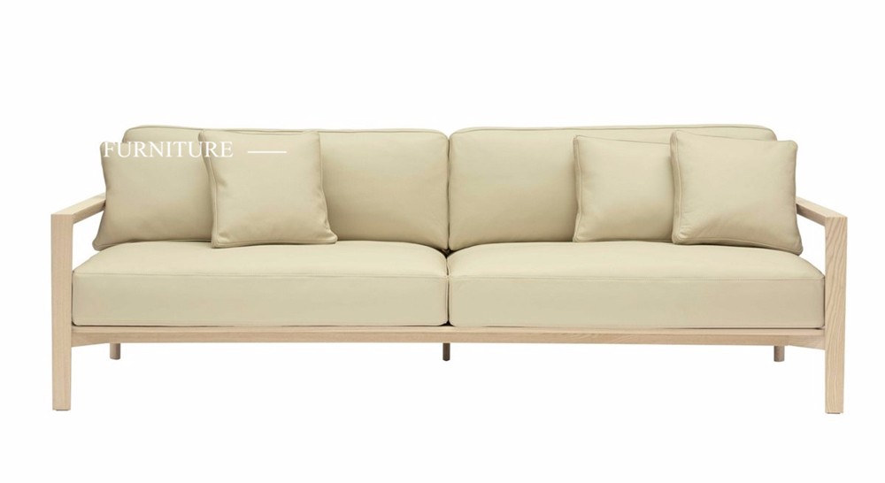 European Modern Wooden Frame Cream White Fabric Sofa 3 Seater Couch